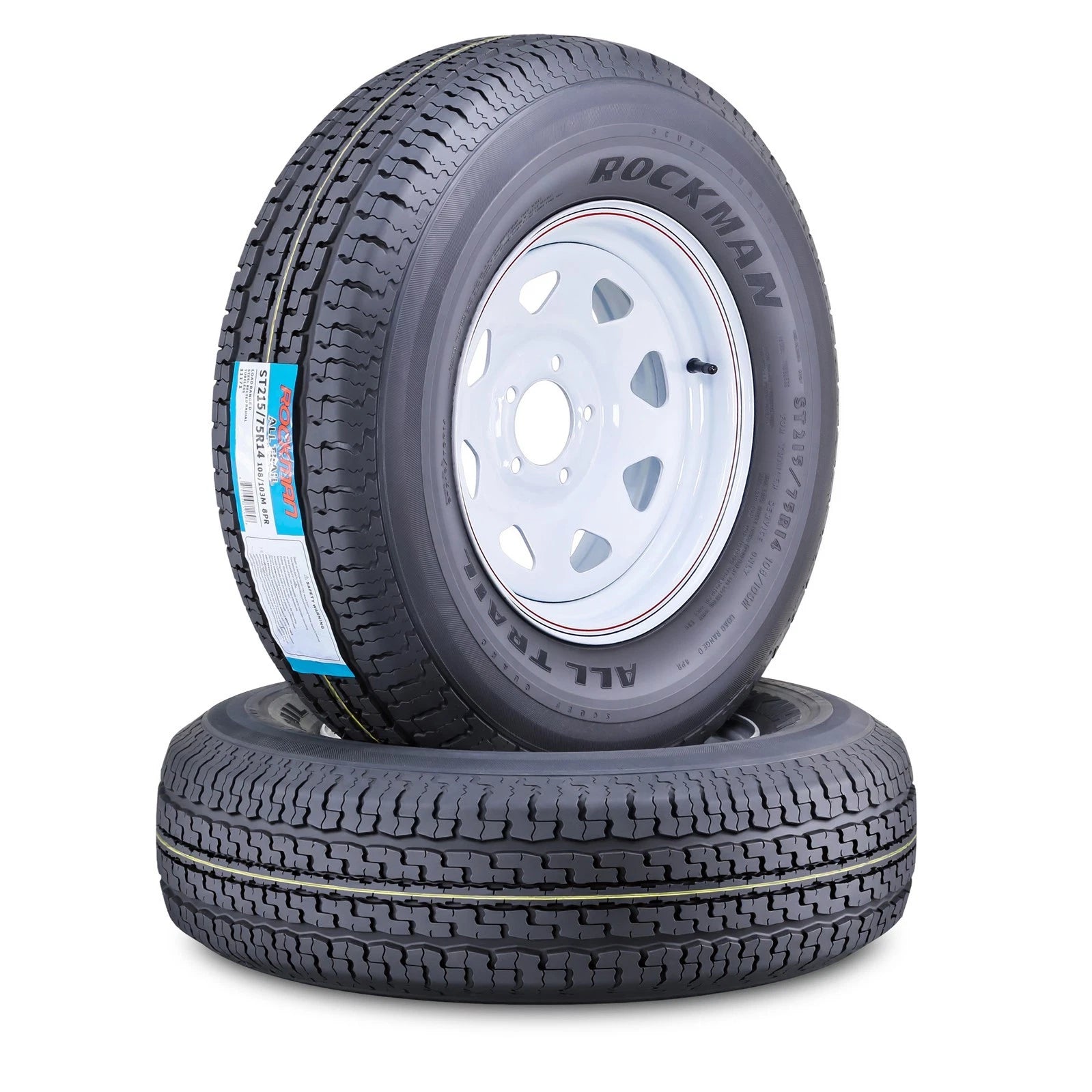 2X ST205/75R15 Trailer Tires with 5x4.5 White Spoke Rims (2400lbs)