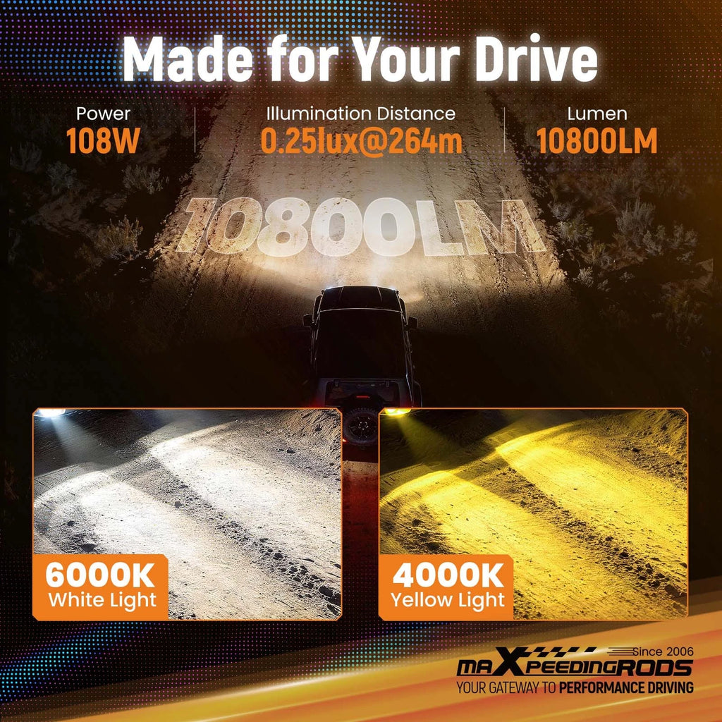 Off-Road LED Fog Lights for Trucks SUVs ATVs (108W Combo Beam)