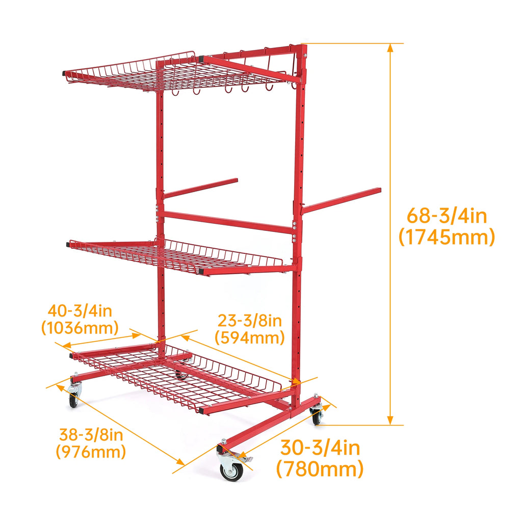 3-Shelf Mobile Autobody Parts Storage Rack for Auto Paint (Adjustable)