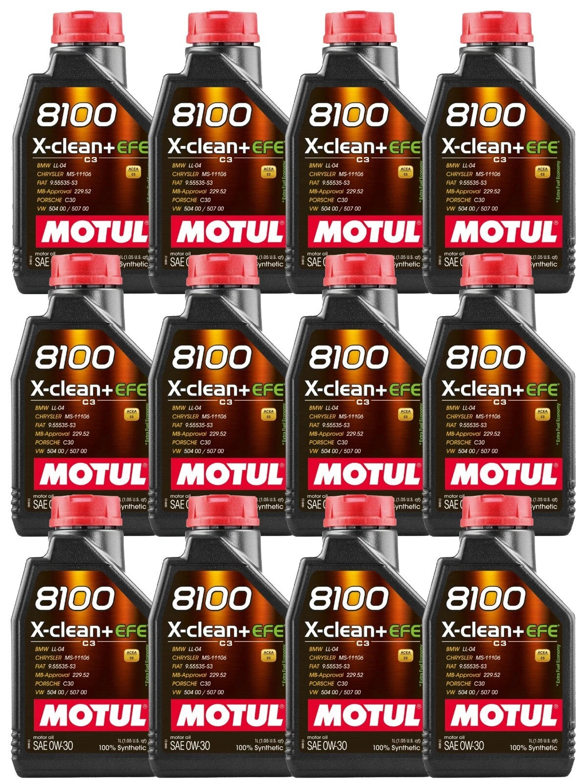 Set of 12 Motul 8100 X-CLEAN+ EFE 0W-30 Synthetic Engine Oil (12L)
