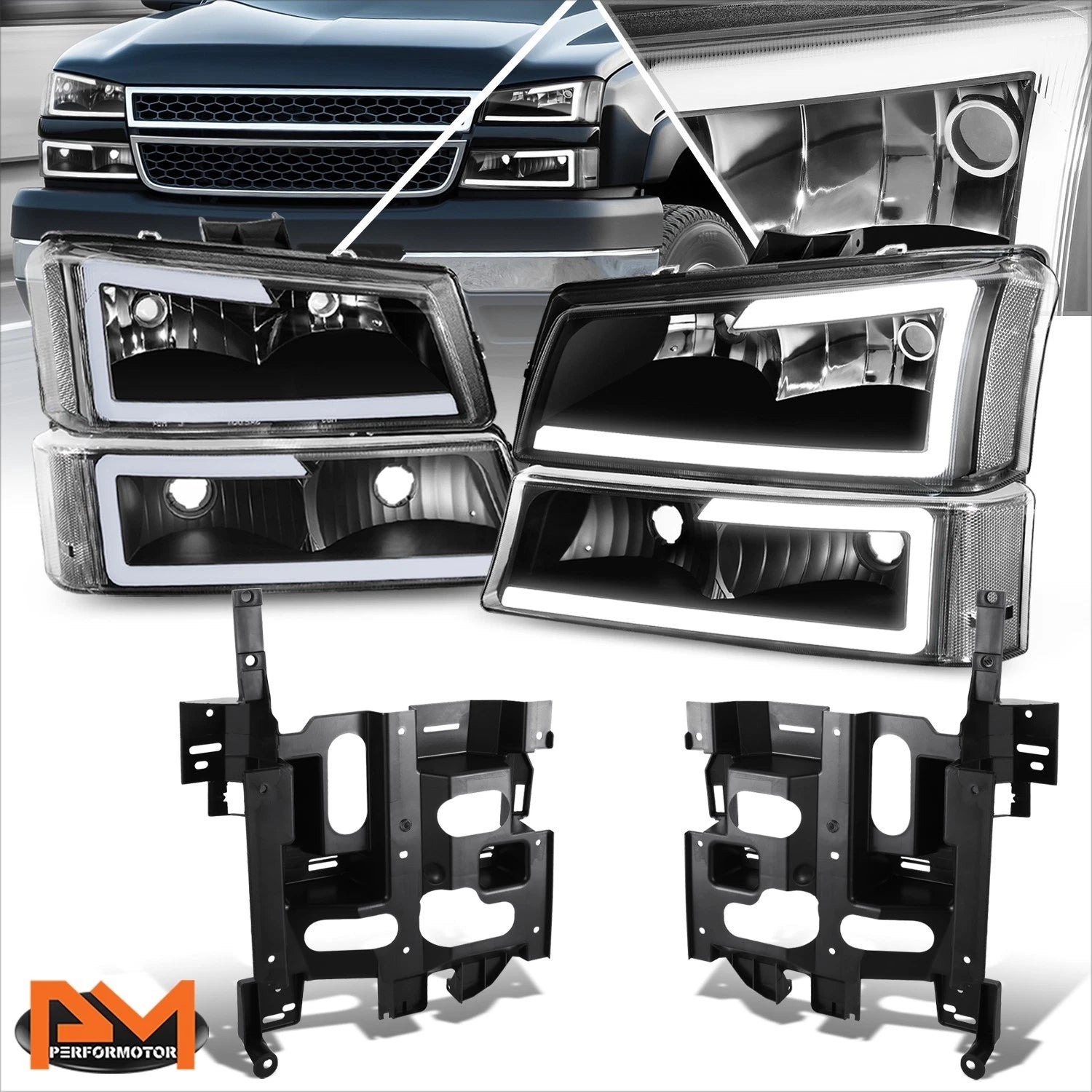 LED DRL Clear Lens Headlights/Lamps + Bracket for Chevy Avalanche Silverado (2003–2007)