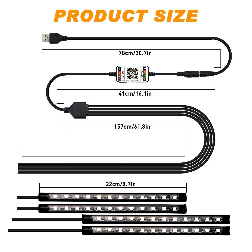 RGB LED Car USB Inner Atmosphere Light Strip for Universal Vehicles (22cm)