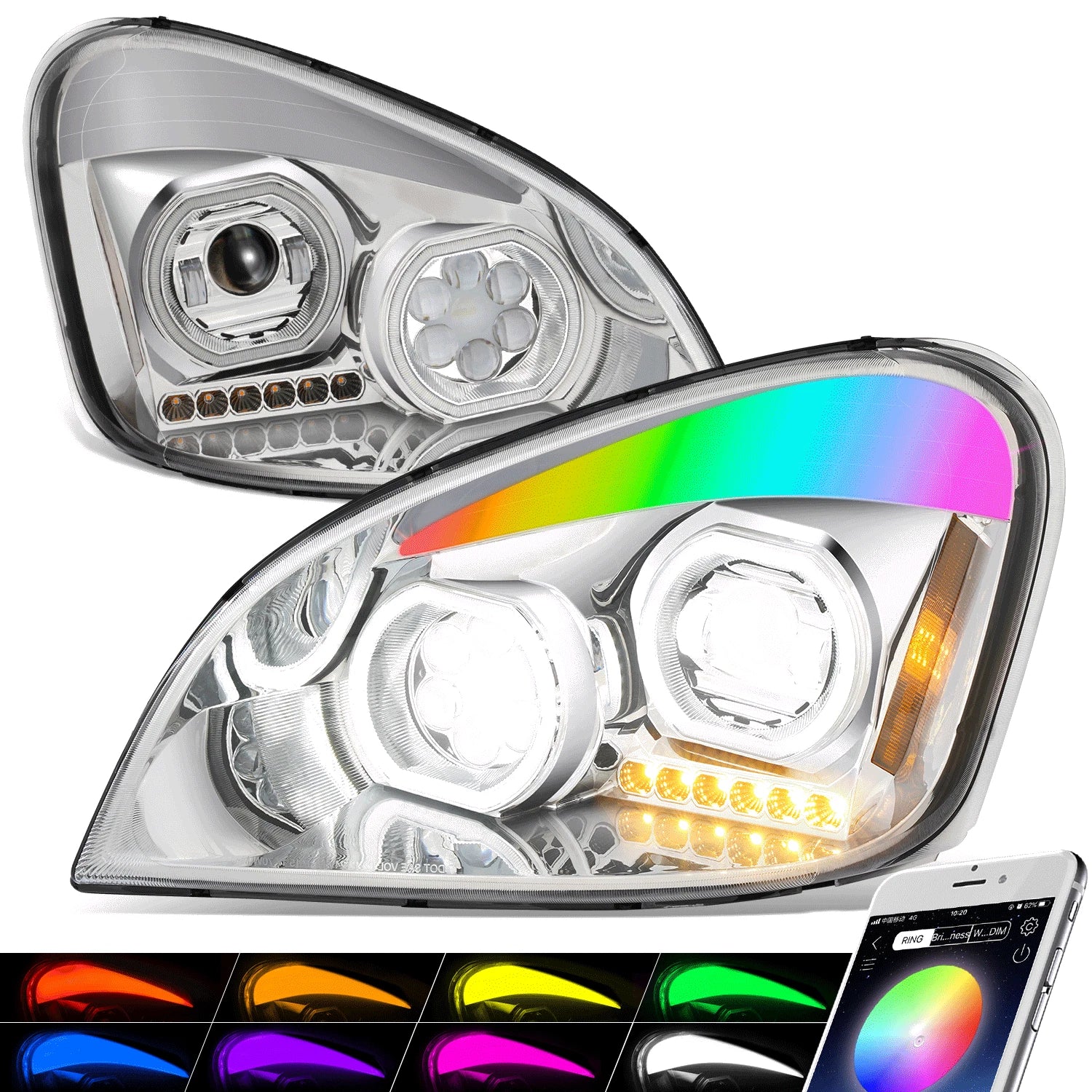Chrome Housing Amber Corner Projector Headlights for Freightliner Cascadia (2008–2017)
