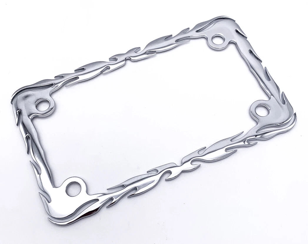 Chrome Flame Motorcycle License Plate Frame for All Makes Universal Fit (Any Year)