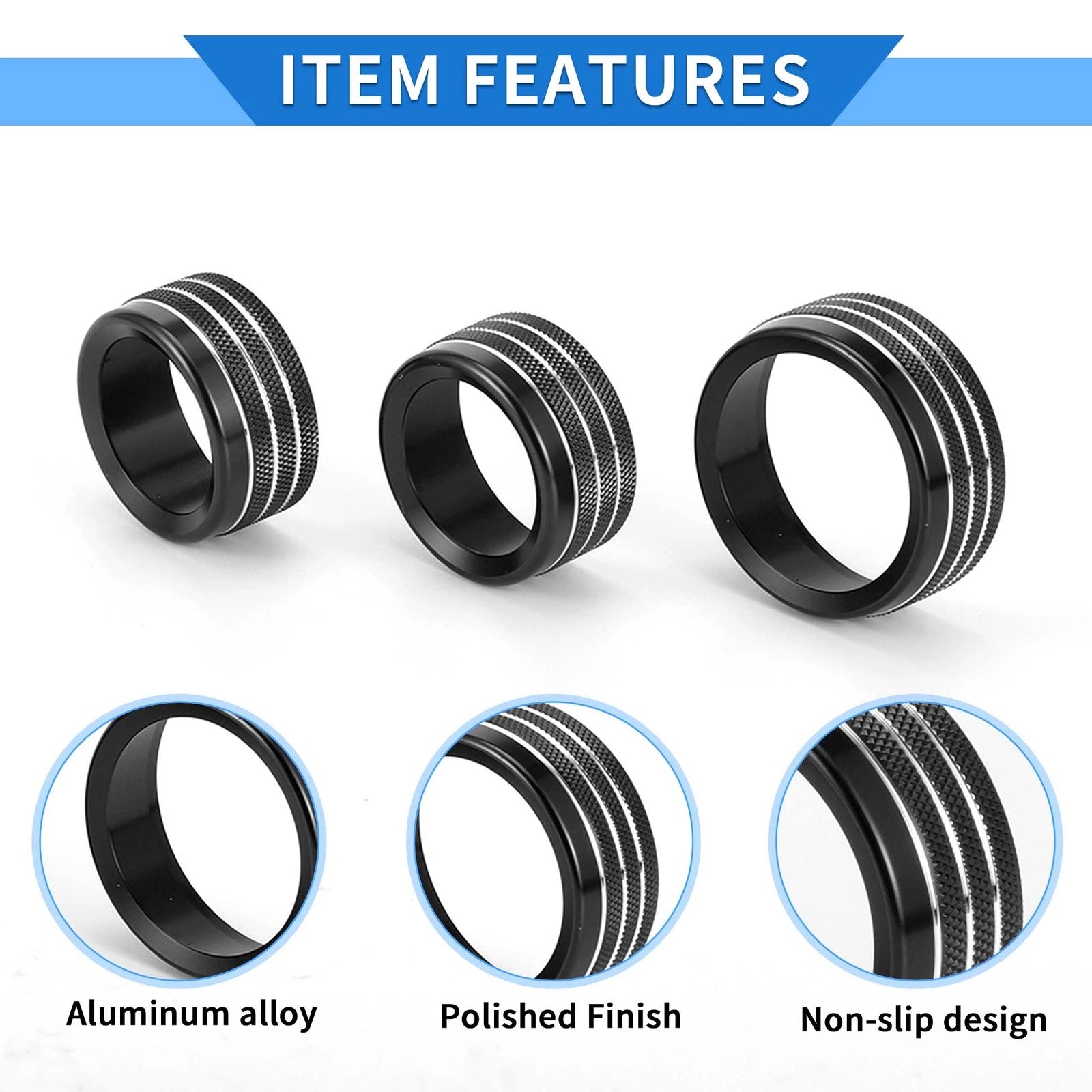 Set of 3 AC Media Tune Switch Knob Cover Rings for Dodge Challenger (2015–2019) Black