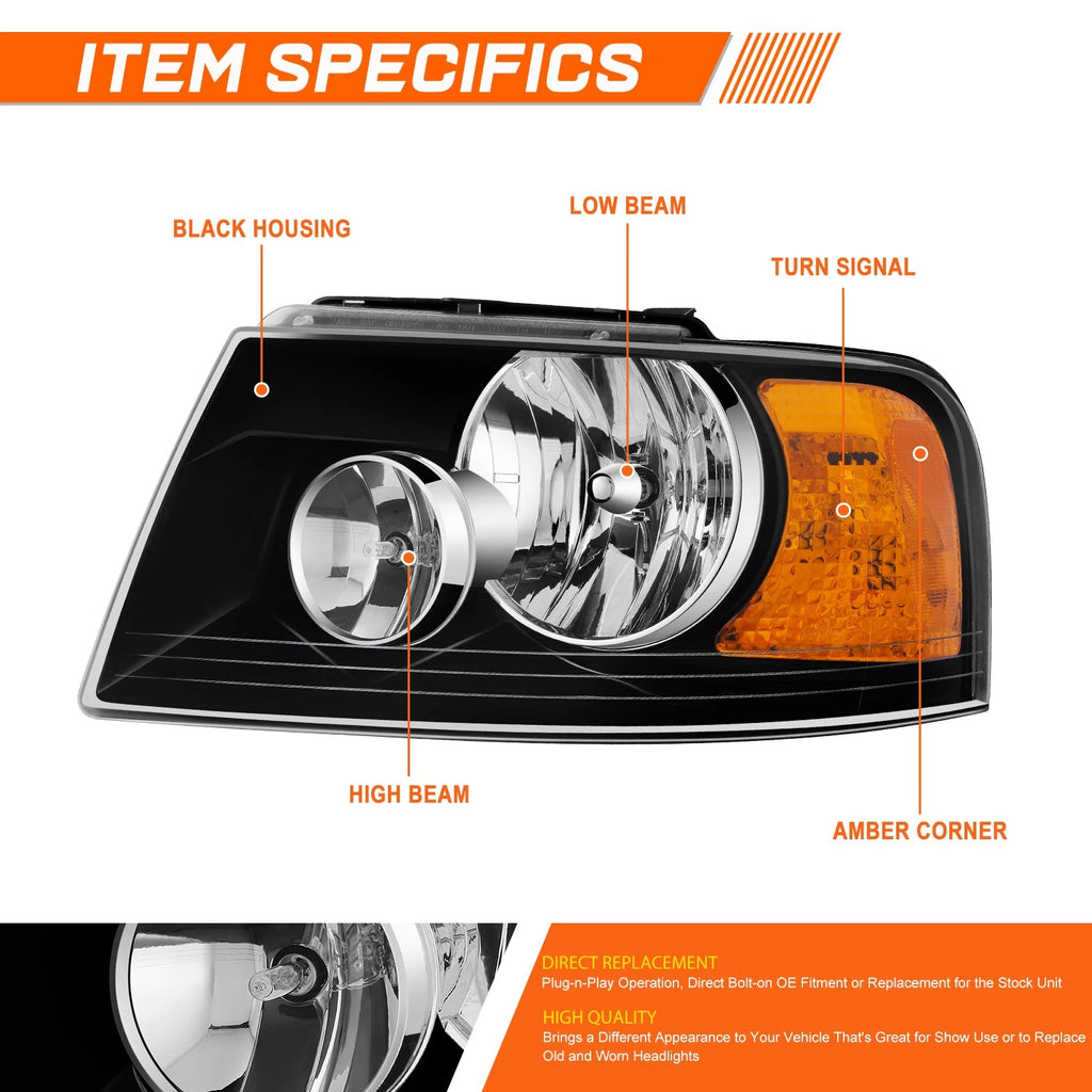 Driver Side Black Amber Headlight for Ford Expedition (2003–2006)