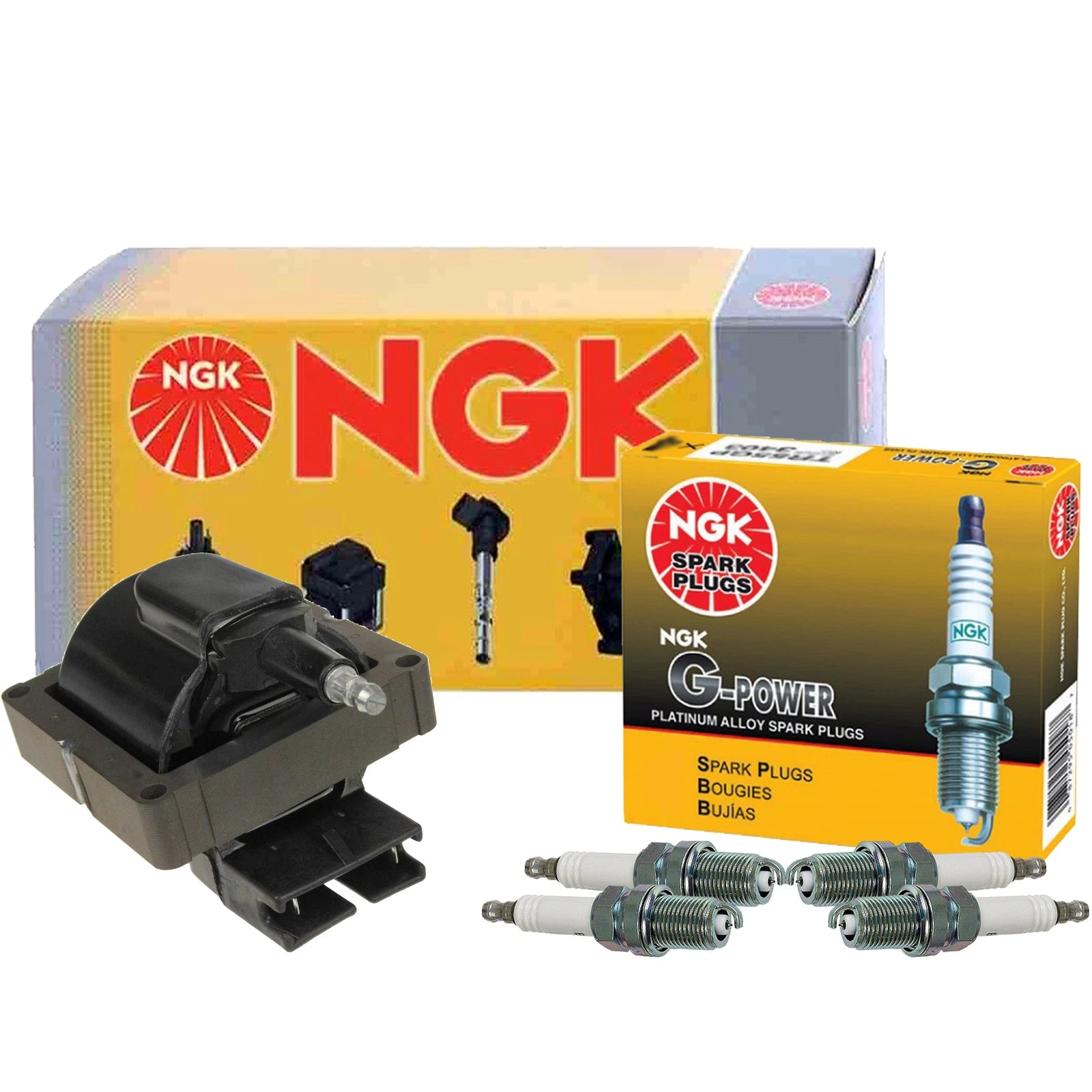 NGK HEI Ignition Coil & 4 GPower Platinum Spark Plugs for Ford Probe (1989–1992)