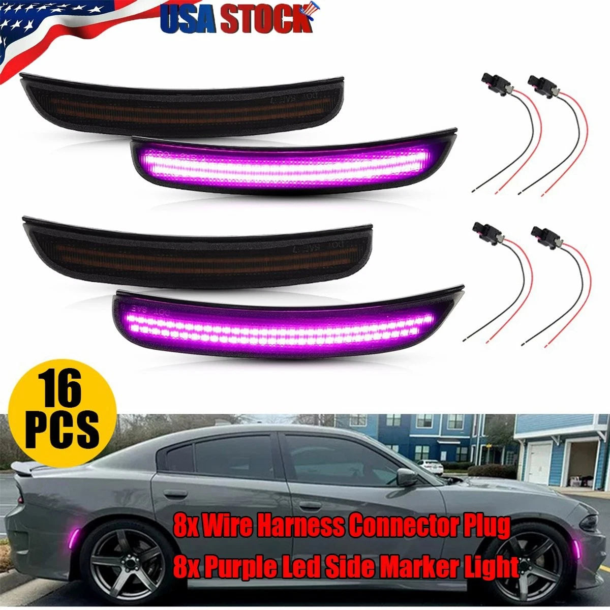 16Pcs LED Side Marker Lights + Harness for Dodge Charger (2015–2022)
