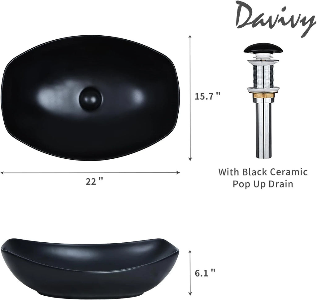 Matte Black Oval Vessel Sink with Pop Up Drain for Bathroom (22" x 15.7")