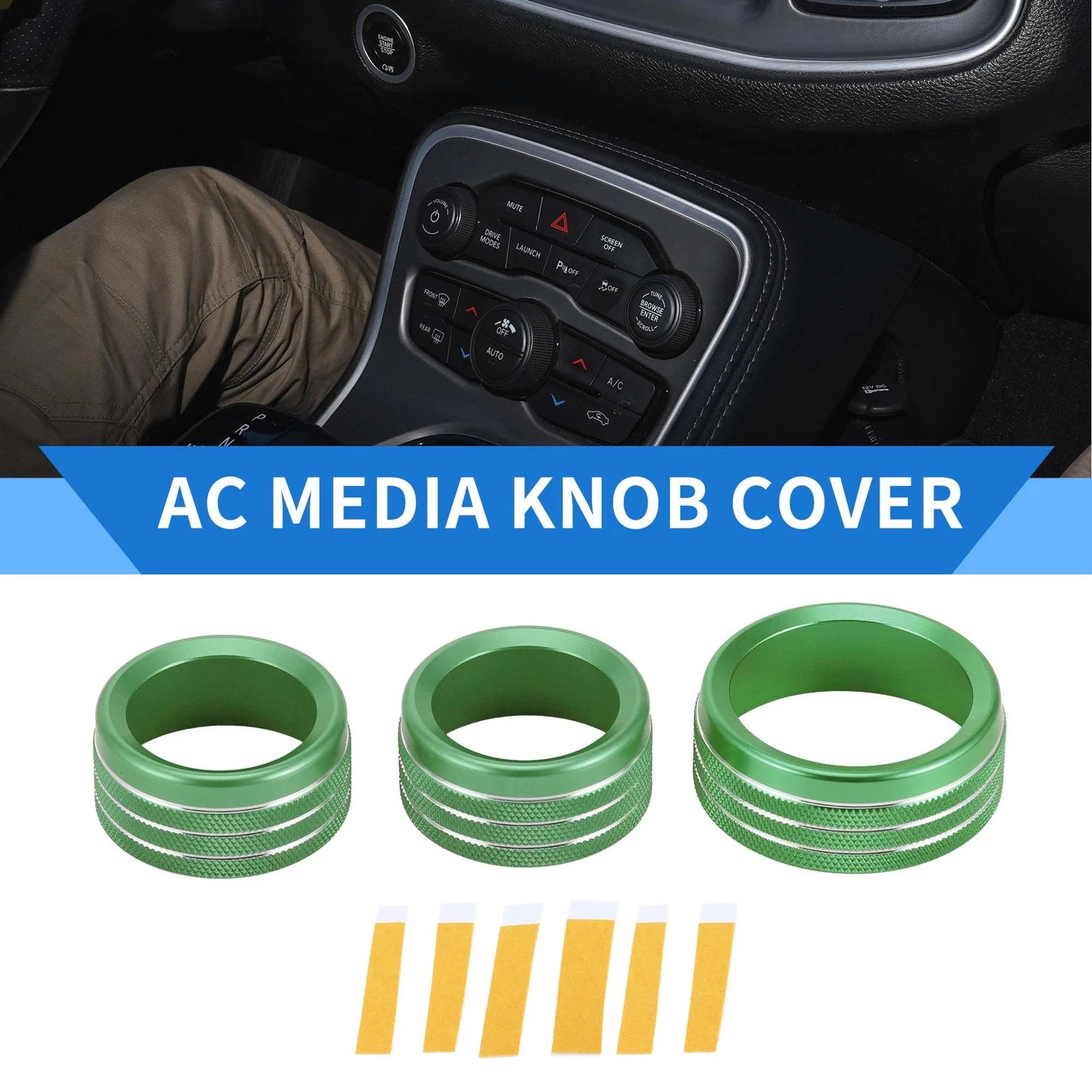3X AC Media Tune Switch Knob Cover Ring for Dodge Challenger (2015–2019) Green