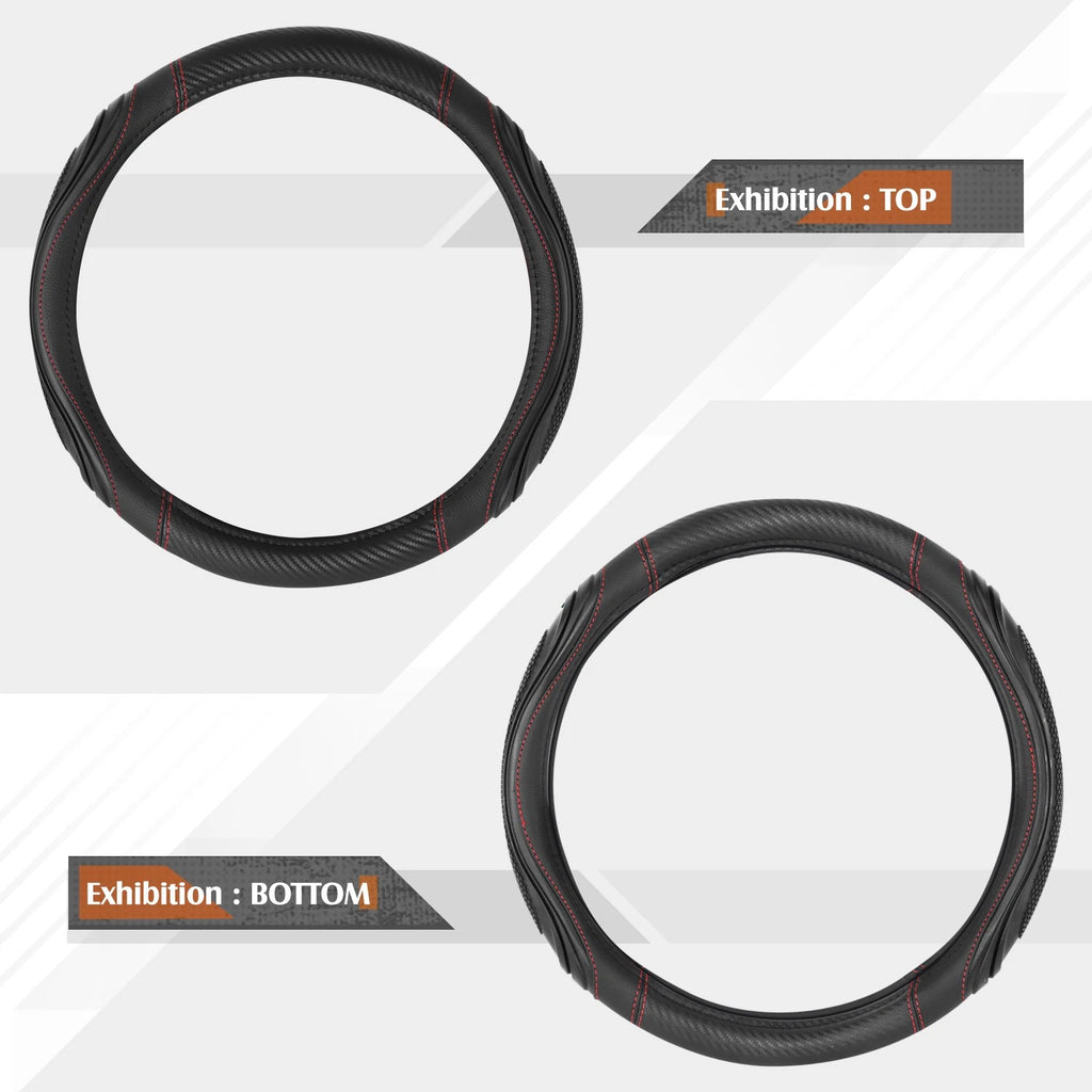 Steering Wheel Cover for Universal Fit (14.5-15") Black Carbon Fiber Red Stitching