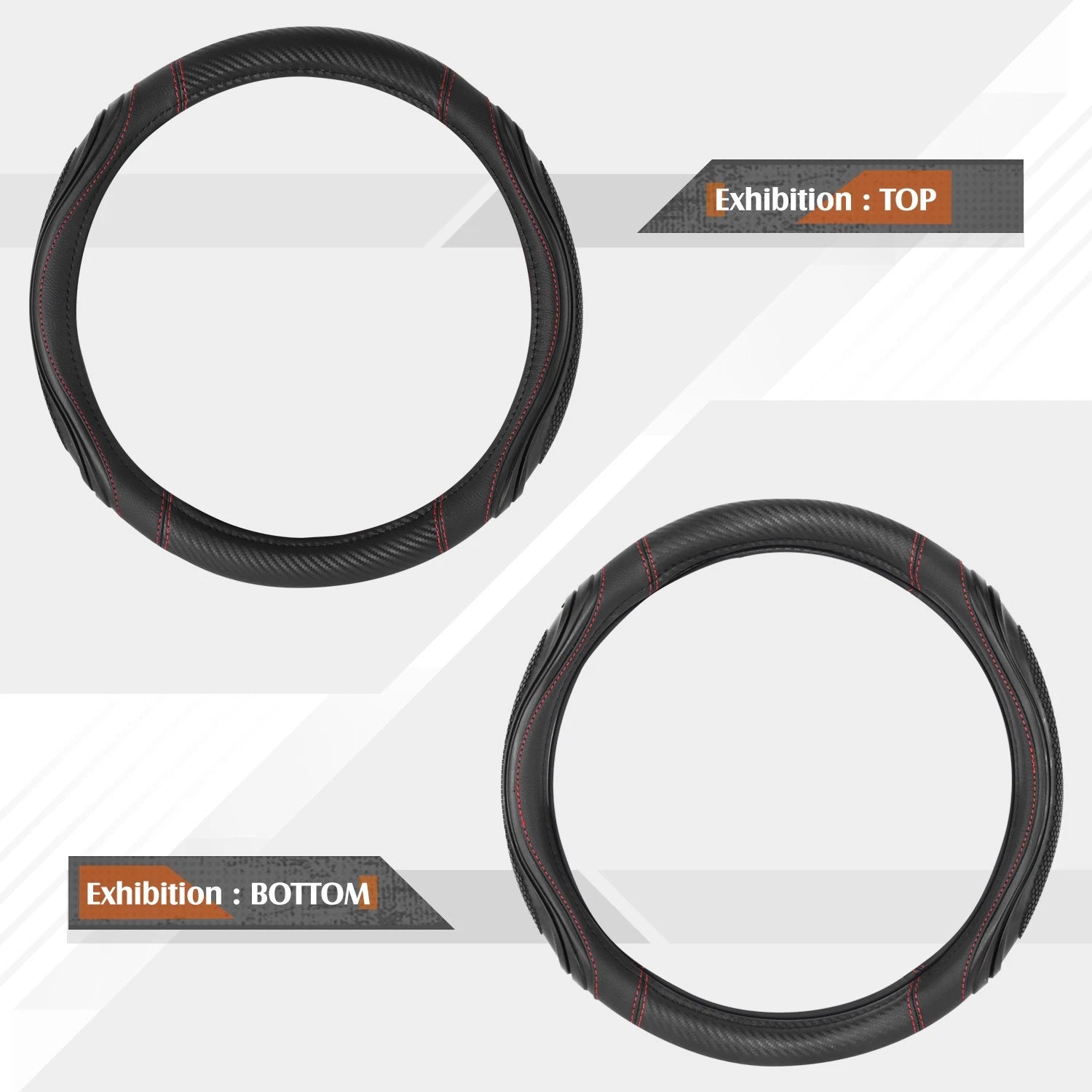 Steering Wheel Cover for Universal Fit (14.5-15") Black Carbon Fiber Red Stitching