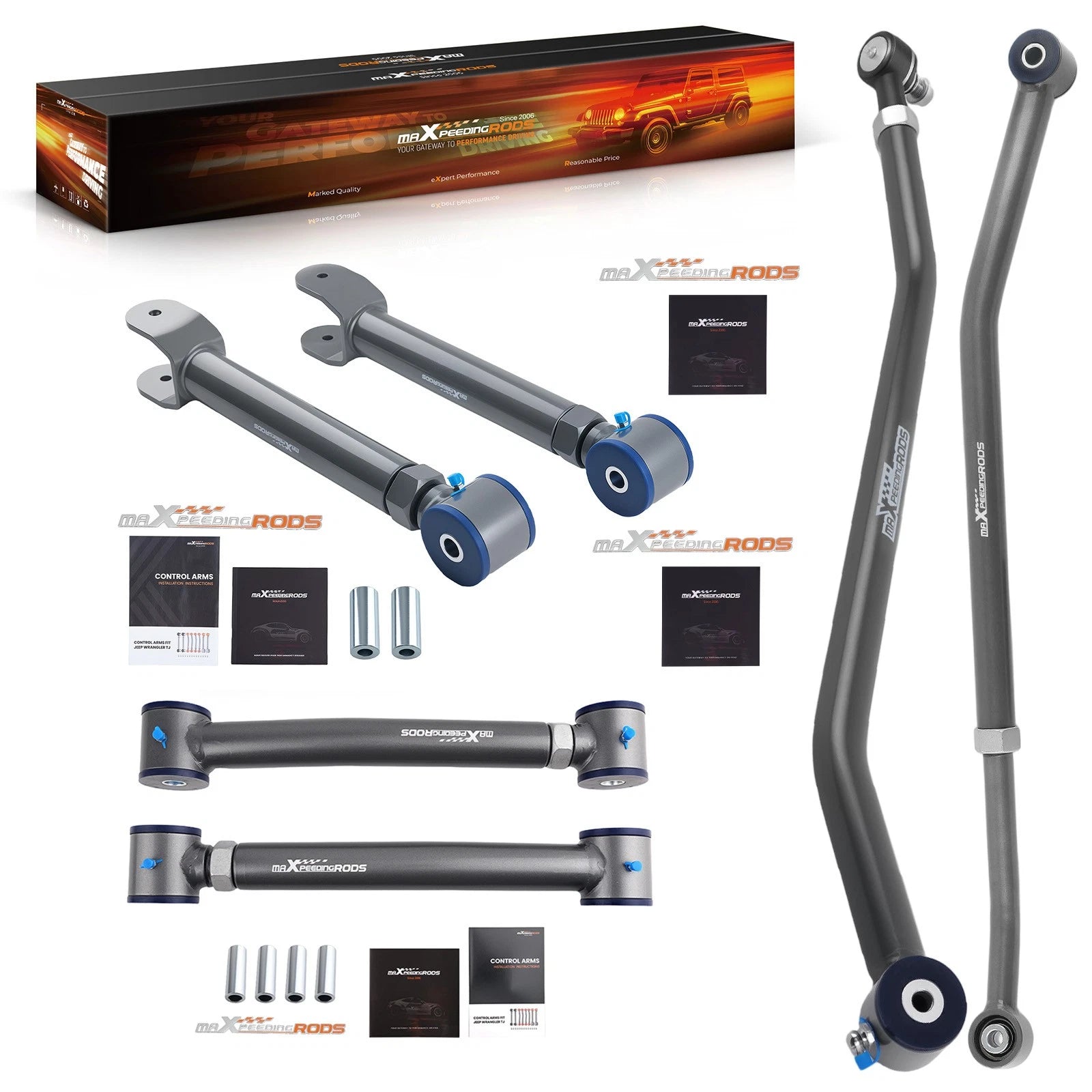 6PC Front Control Arms Kit + F&R Track Bar for Jeep Wrangler TJ (1997–2006)