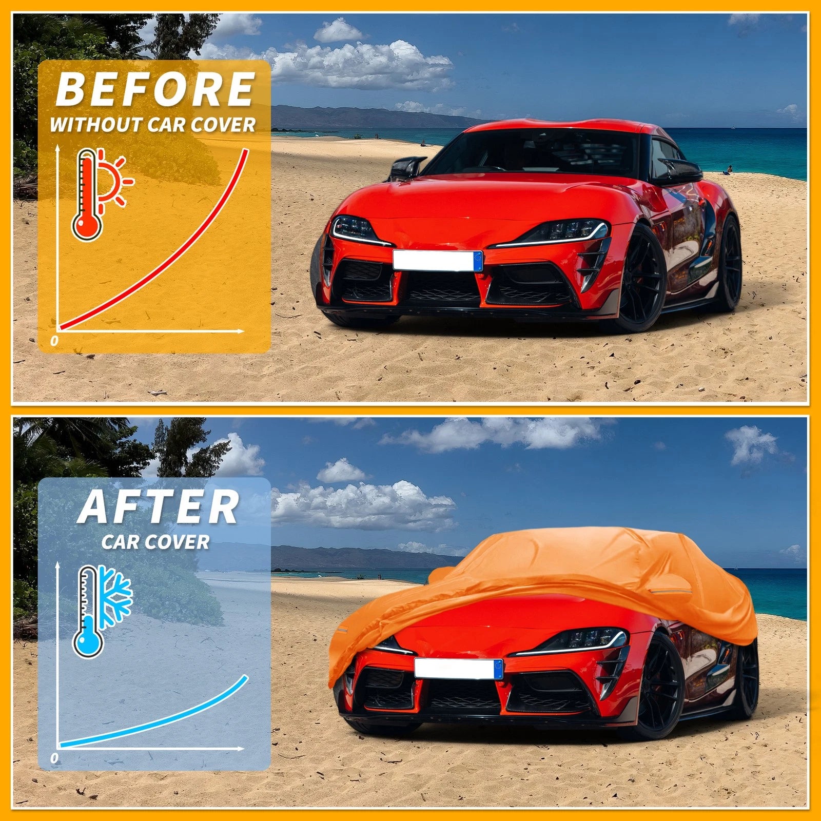 Waterproof Car Cover for Toyota Supra (All Weather, Orange, Zipper)