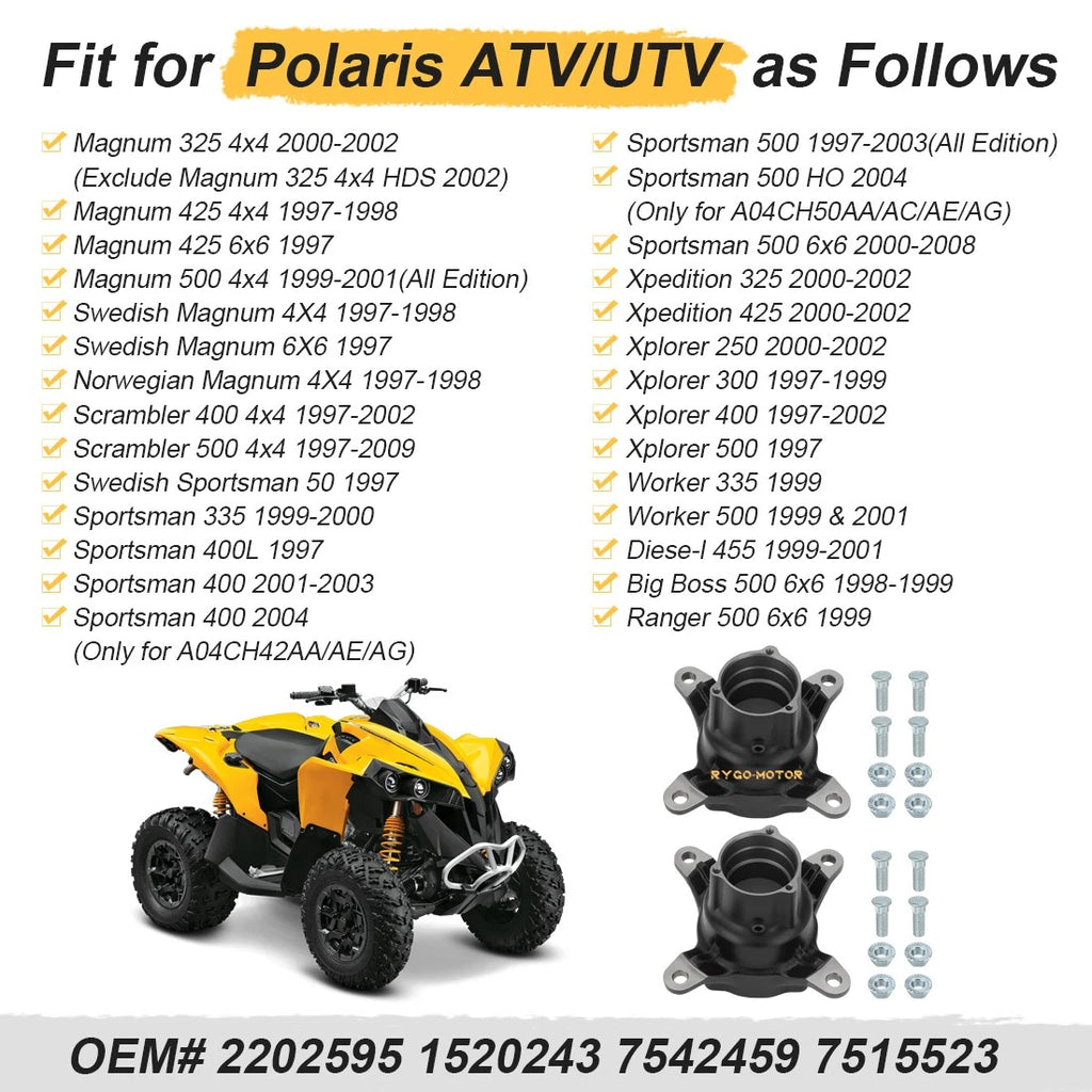 2 Front Wheel Hubs w/Studs for Polaris Sportsman 500 400 335 (1996–2014)