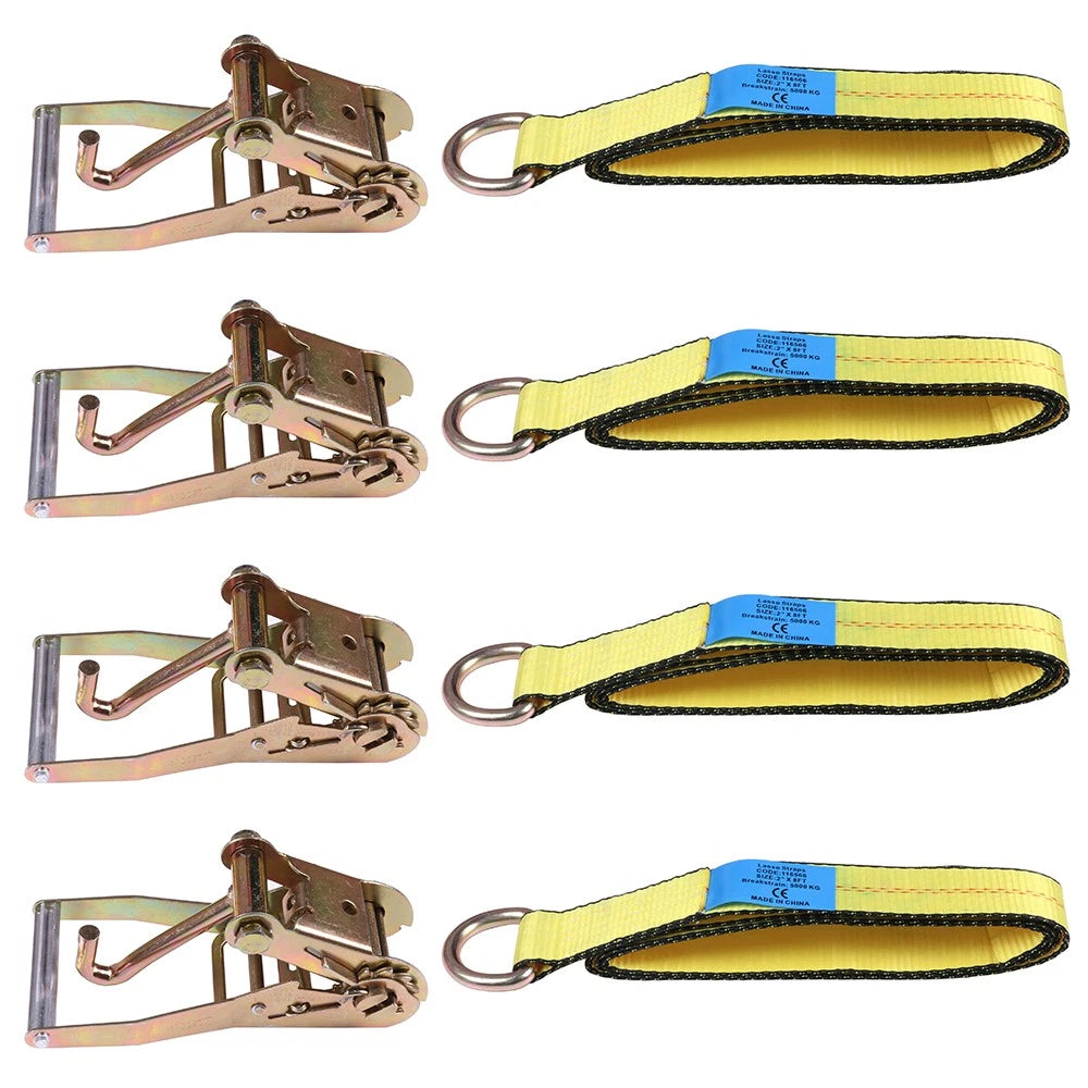 Set of 4 Lasso Wheel Lift Straps 2" Ratchet J Finger with Hook Towing Tie
