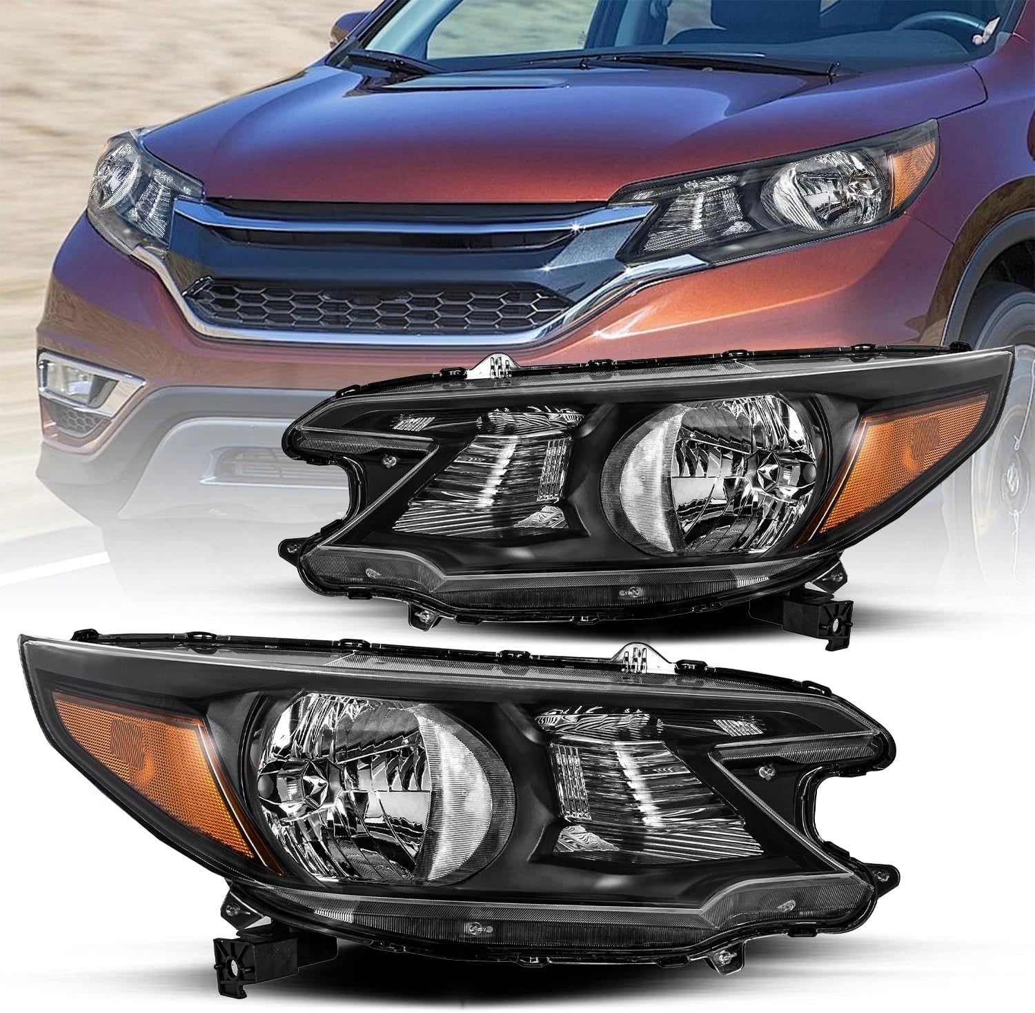 Headlight Assembly Pair for Honda CR-V (2012–2014) - Black, Amber Corner Lamps