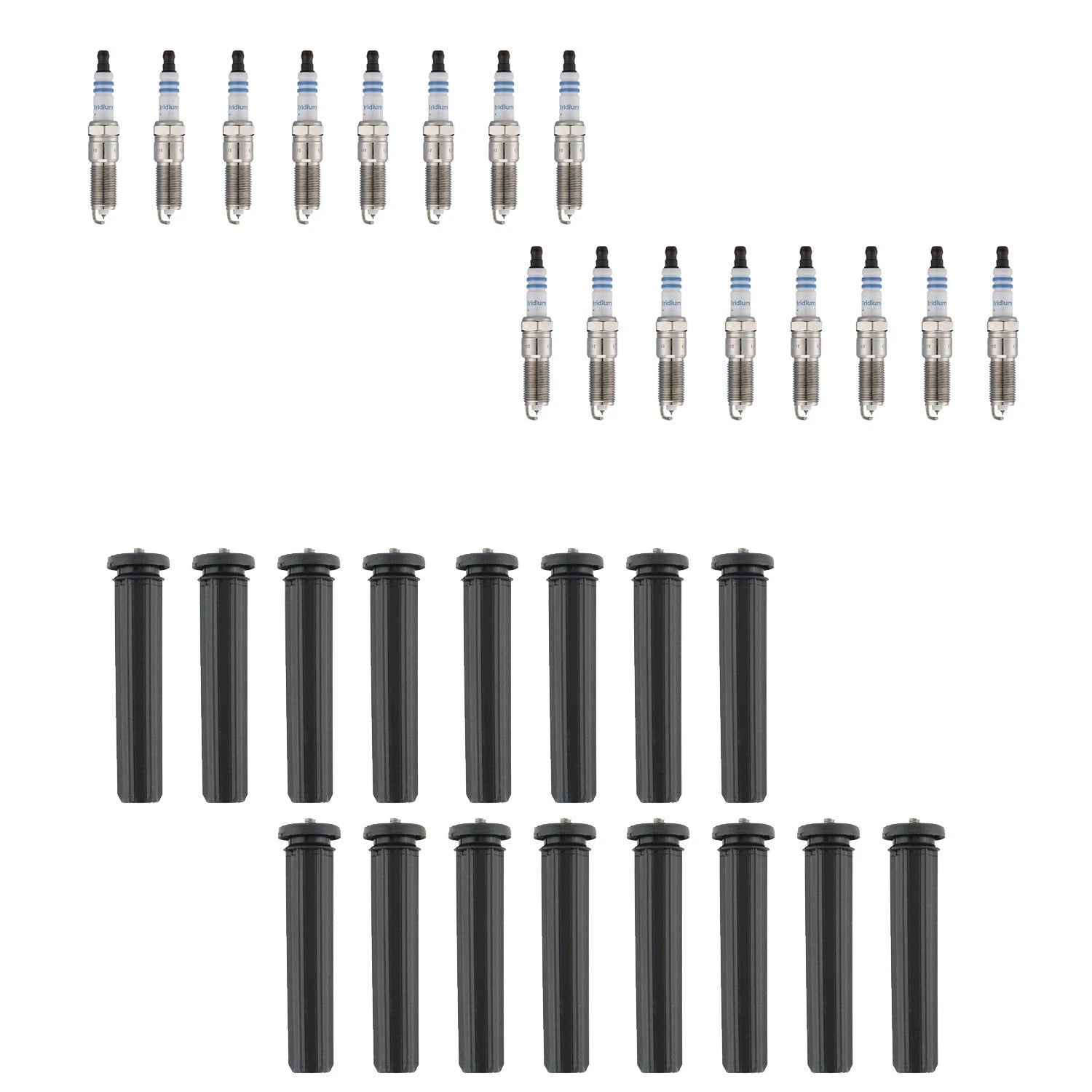 Set of 16 Bosch Double Iridium Spark Plugs & Denso Ignition Coil Boot Kit for Charger