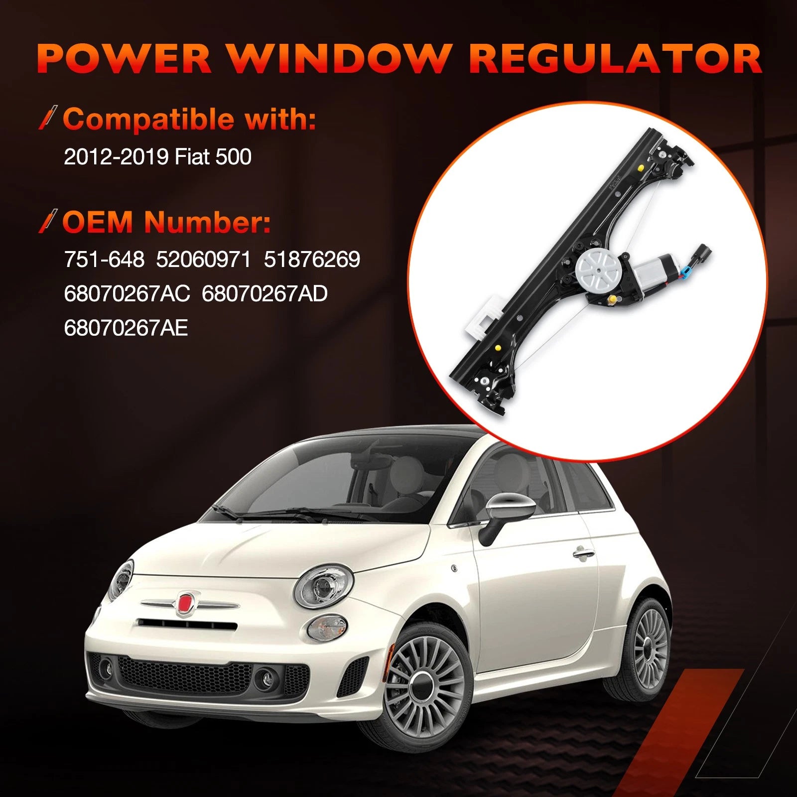 Front Left Power Window Regulator w/ Motor Assy for Fiat 500 (2012–2019) 751-648