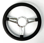 14 Inch Slotted Steering Wheel 3 Spoke Black Leather Grip for Universal (9 Hole)