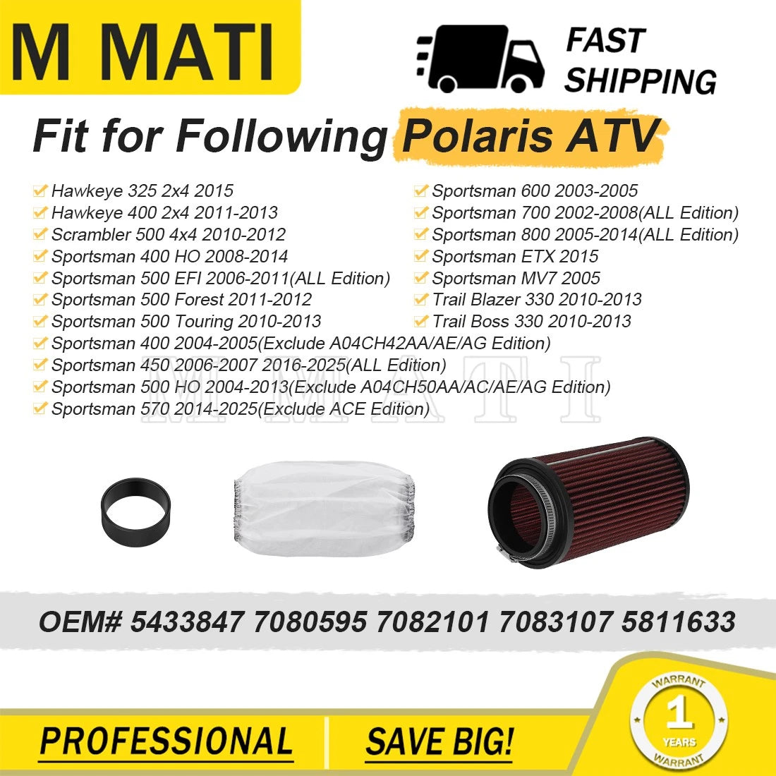 Air Filter with Air Sleeve Kit for Polaris Scrambler Sportsman 500 570 600 700 800 (1996–2021)