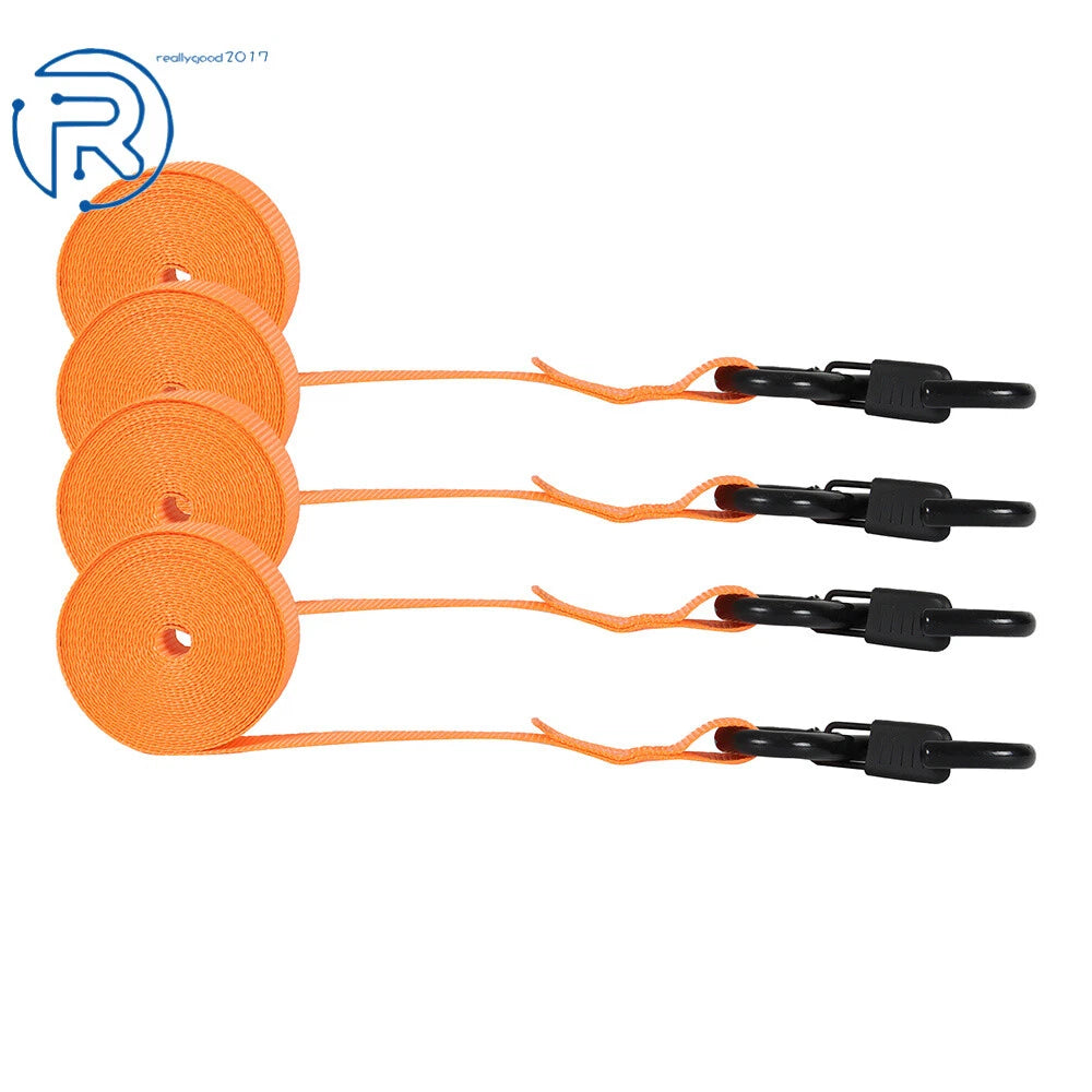 Set of 4 Orange Steel 2200 LB Ratchet Tie Down Straps with Break Lock S Hooks