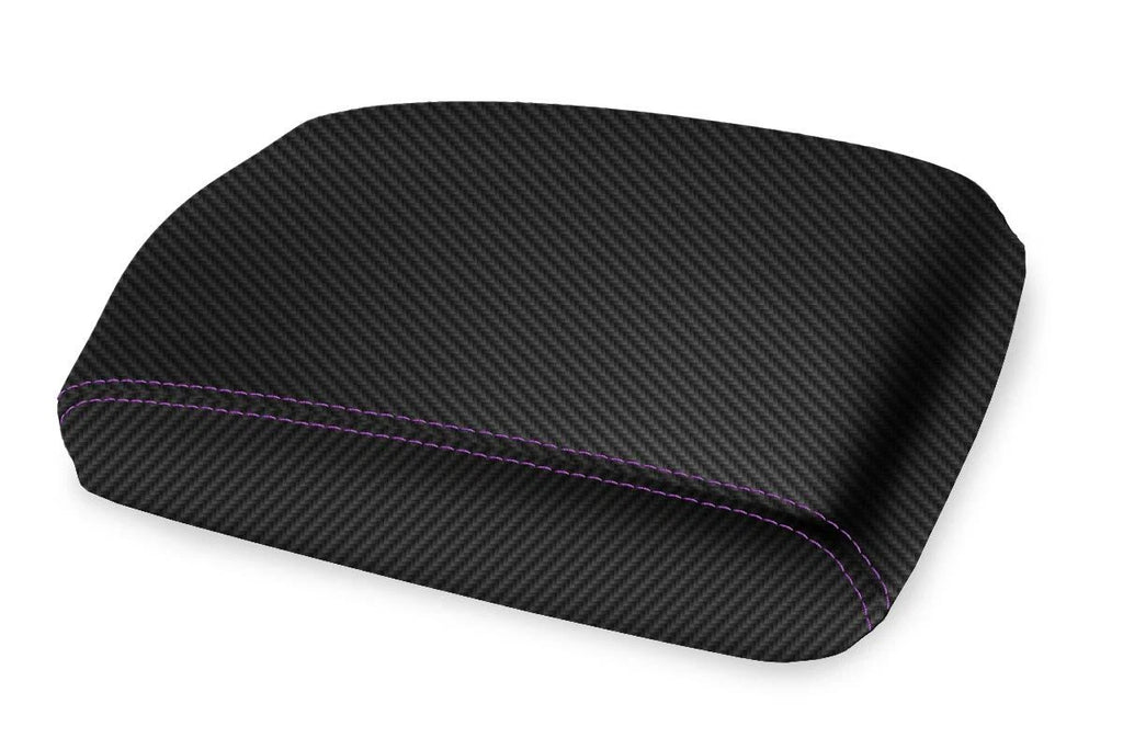 Console Lid Armrest Cover for Infiniti FX35 (2009–2012) Carbon Fiber Purple Stitch
