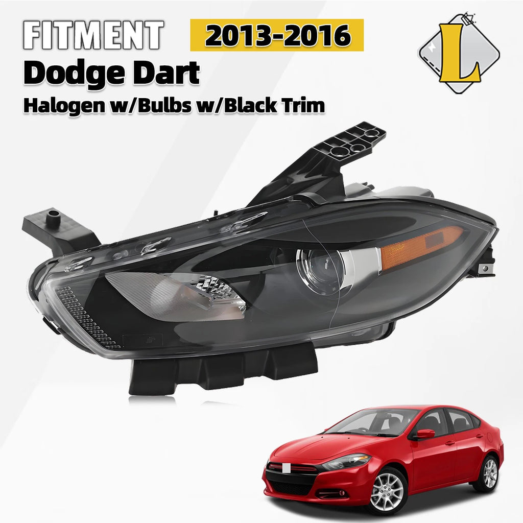 Halogen Headlight for Dodge Dart (2013–2016) Left Side w/Black Trim, Bulb Driver