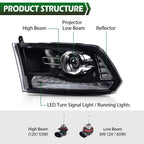 Clear Black Projector Headlights with LED DRL for Ram 1500 2500 3500 (2009–2018)