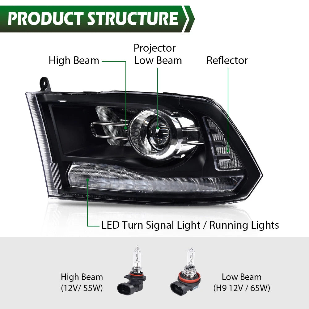 Clear Black Projector Headlights with LED DRL for Ram 1500 2500 3500 (2009–2018)