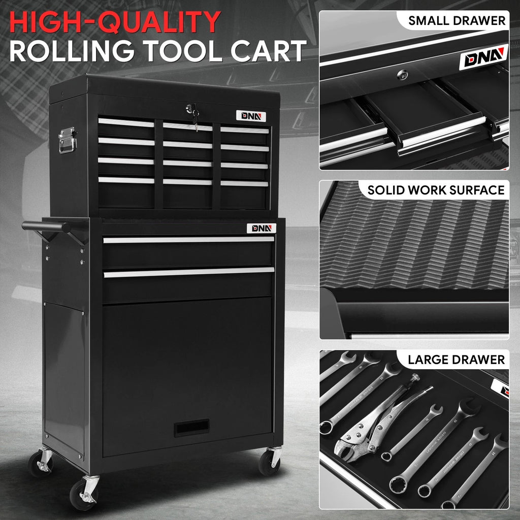 2X Black 8 Drawer Rolling Tool Cabinet with Ample Storage