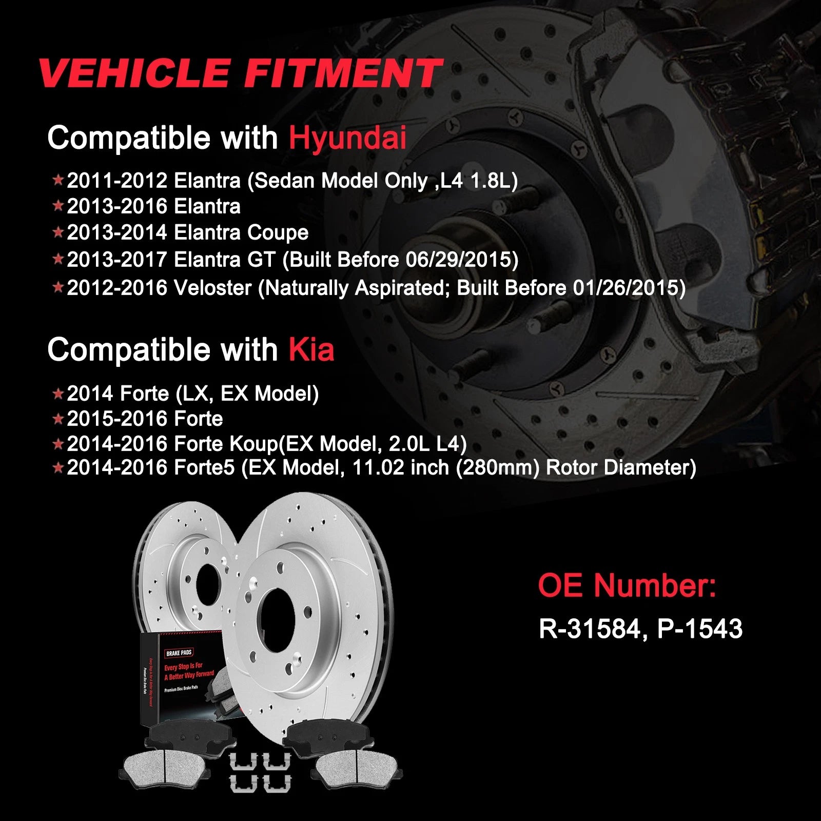 280mm Front Drilled Rotors & Ceramic Brake Pads for Kia Forte Forte5 (2014–2016)