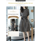 Mid-length Vertical Striped Dress with Cinched Waist for Women
