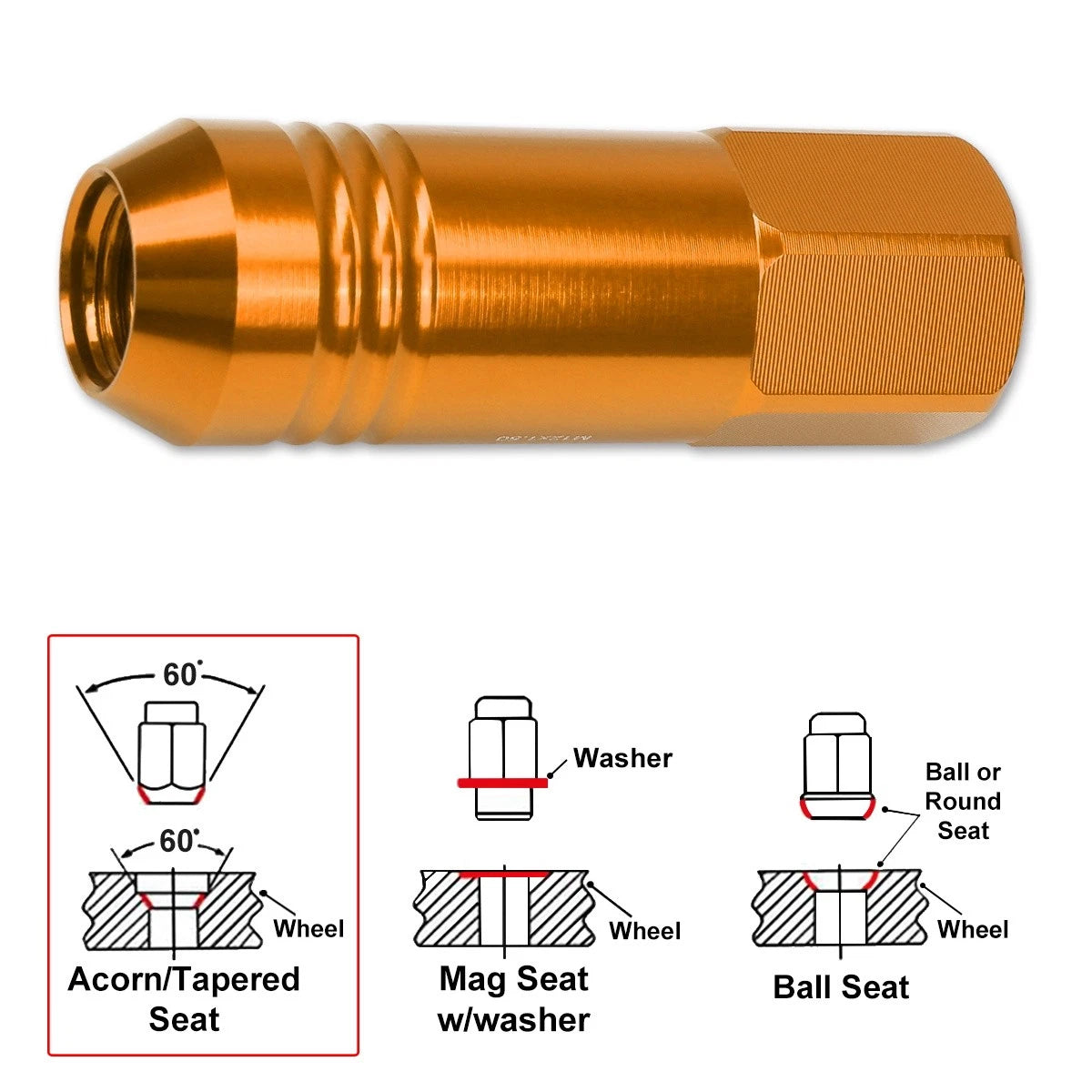 Set of 20 M12X1.5 Orange JDM Open End Conical Wheel Lug Nuts + Extension 20mm