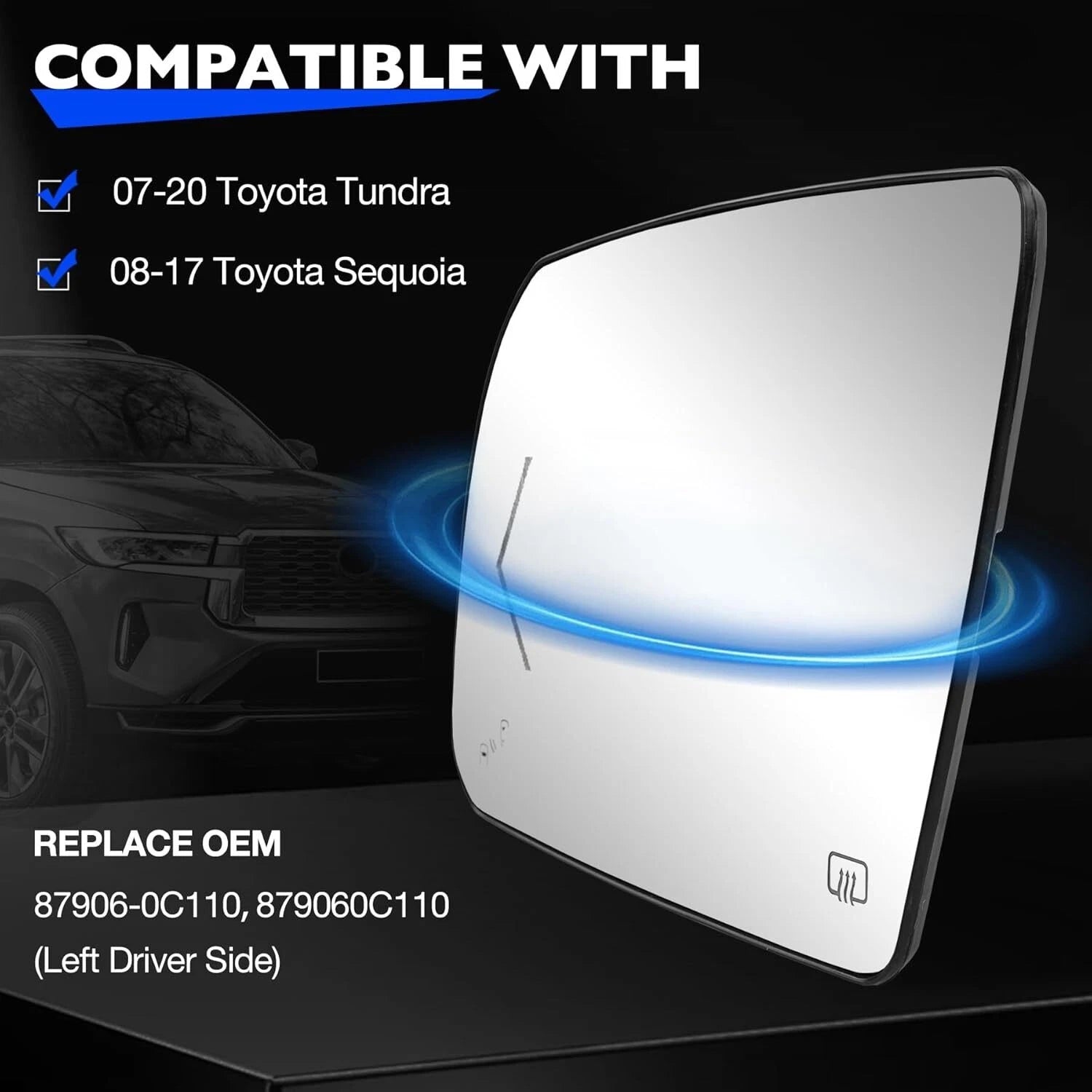 Left Driver Side Heated Mirror Glass w/ BSM for Toyota Tundra Sequoia (2002–2020)