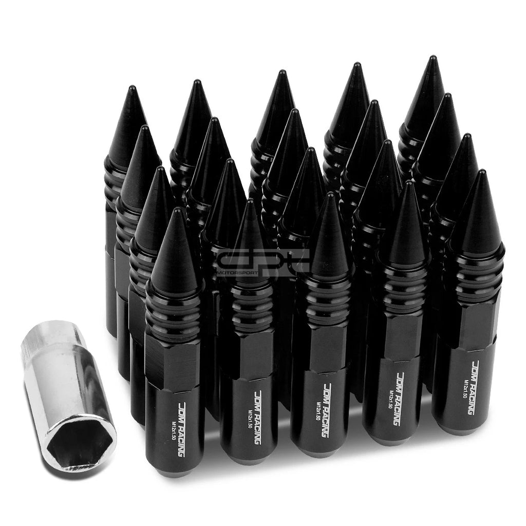20x M12x1.5 107mm Tall Black Aluminum Spiked Cap Lug Nuts + Adapter