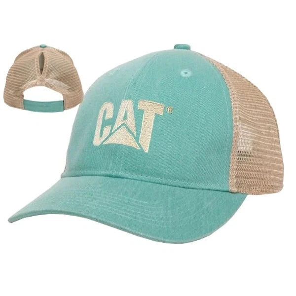 Caterpillar Ponytail Cap for Ladies - Teal Twill Front, Khaki Mesh Back