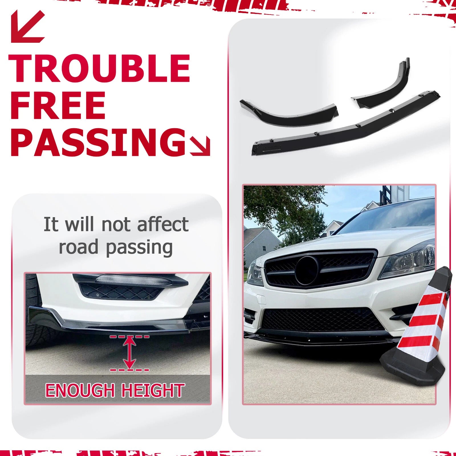 Glossy Black Front Bumper Lip Splitter for Benz C Class W204 (2012-2014)