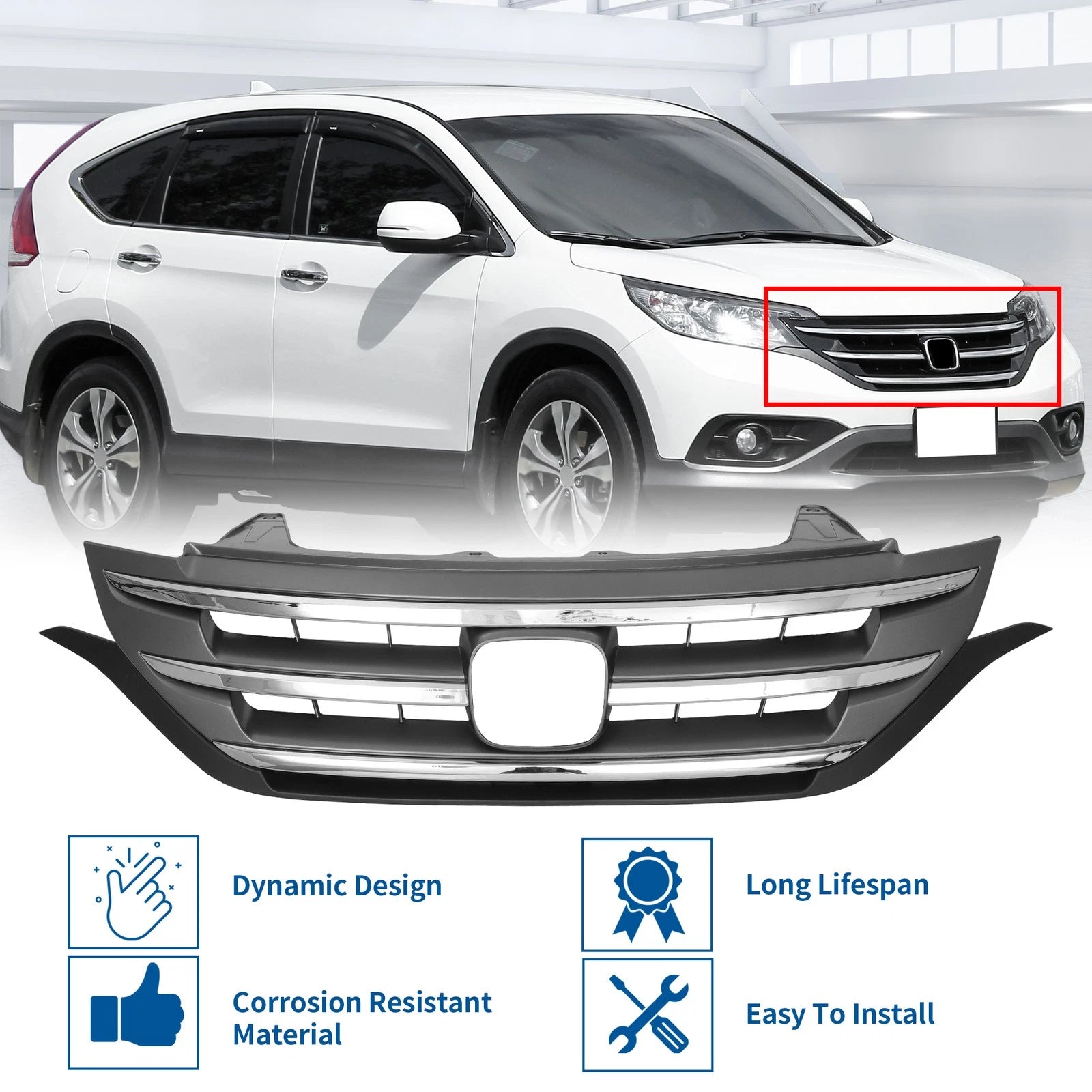 Front Upper Bumper Grille for Honda CR-V (2012–2014) Chrome Silver Tone