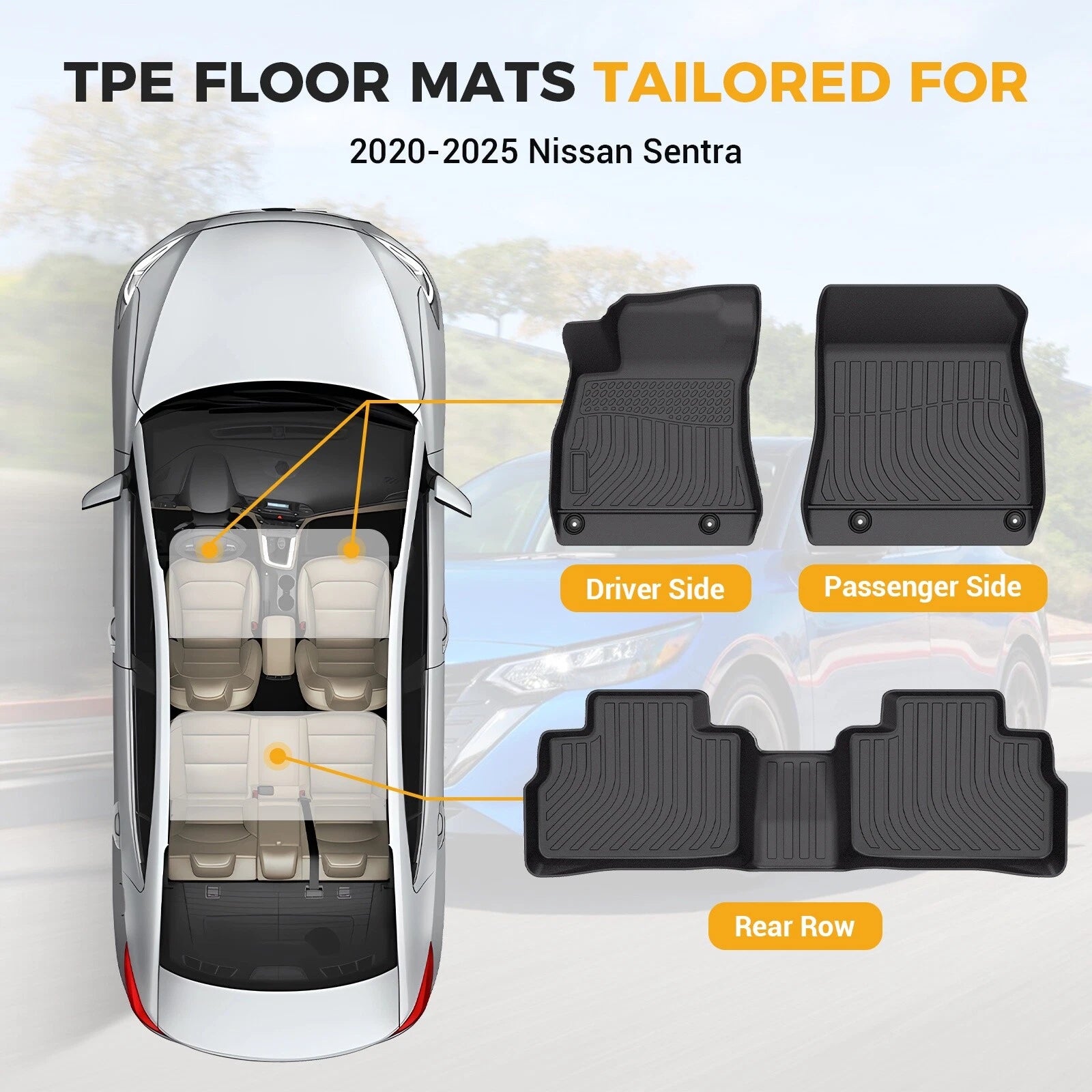 Set of 3 TPE Rubber All Weather Floor Mats for Nissan Sentra (2020–2025)