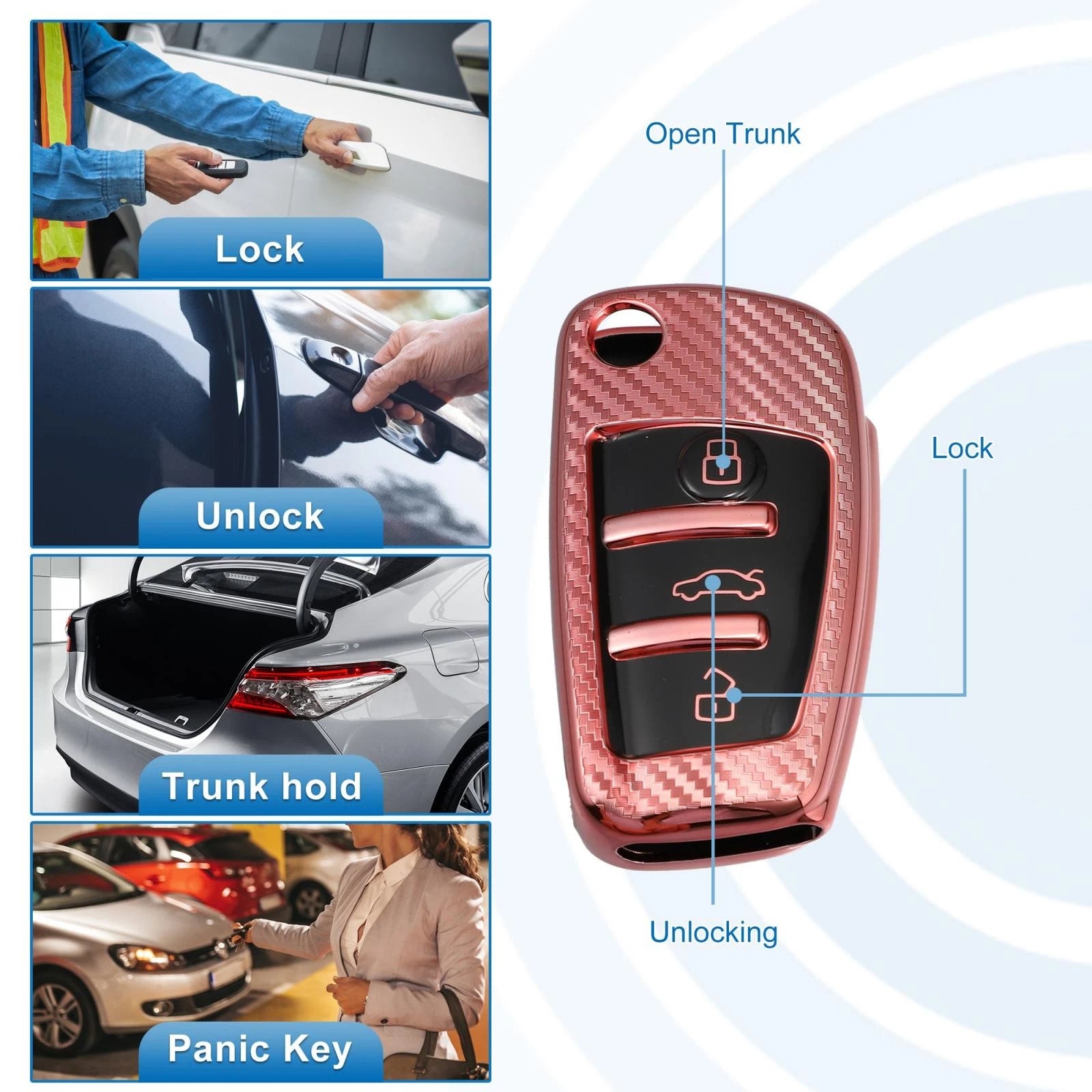 Silicone Smart Key Fob Case Cover for Audi A3 A1 (2013–2020) - Pink Carbon Fiber