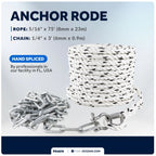 3/16" x 75' Nylon Rope with 1/4" x 3' Galvanized Steel Chain for Marine Use