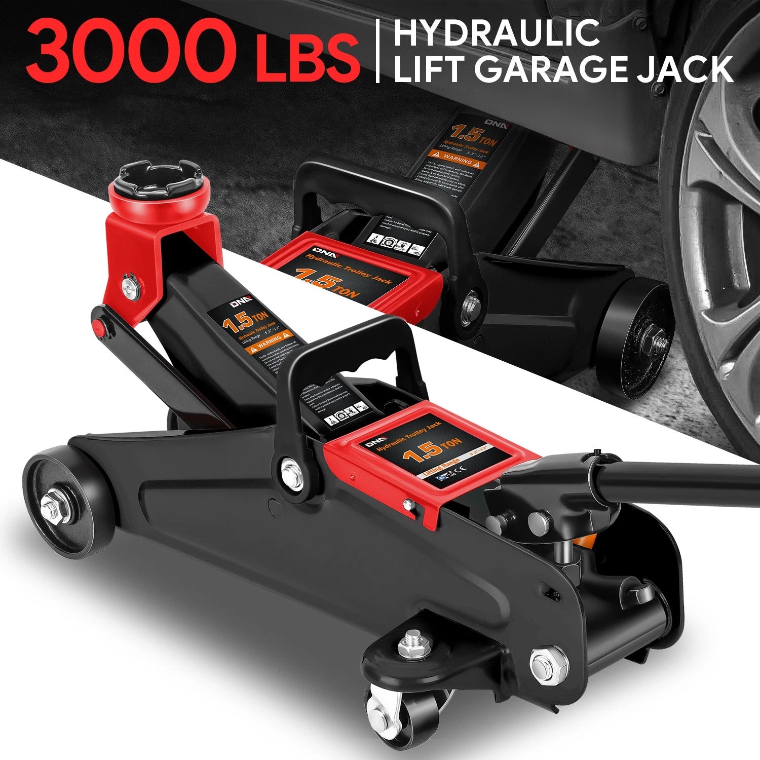 1.5 Ton Hydraulic Floor Jack 3000lbs Capacity with Swivel Casters