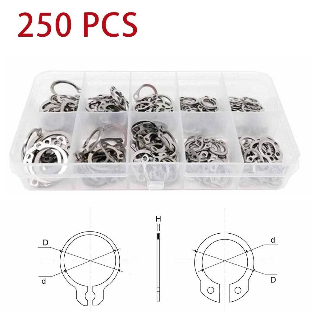 Set of 250 M6-M15 Stainless Steel C-Type External Circlips