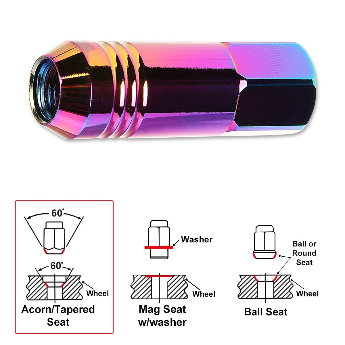 Set of 20 M12X1.25 Neo Chrome Open End Conical Wheel Lug Nuts + Extension 20mm