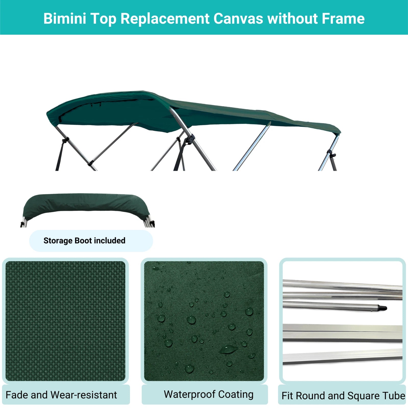 Bimini Top Boat Cover for 3 Bow (72"L 67"-72"W) 600D Green Canvas