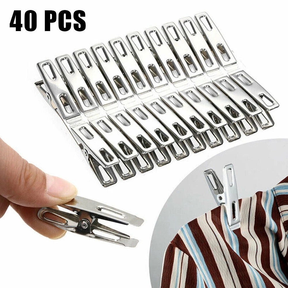 Set of 40 Stainless Steel Spring Loaded Clothes Pegs Laundry Clips