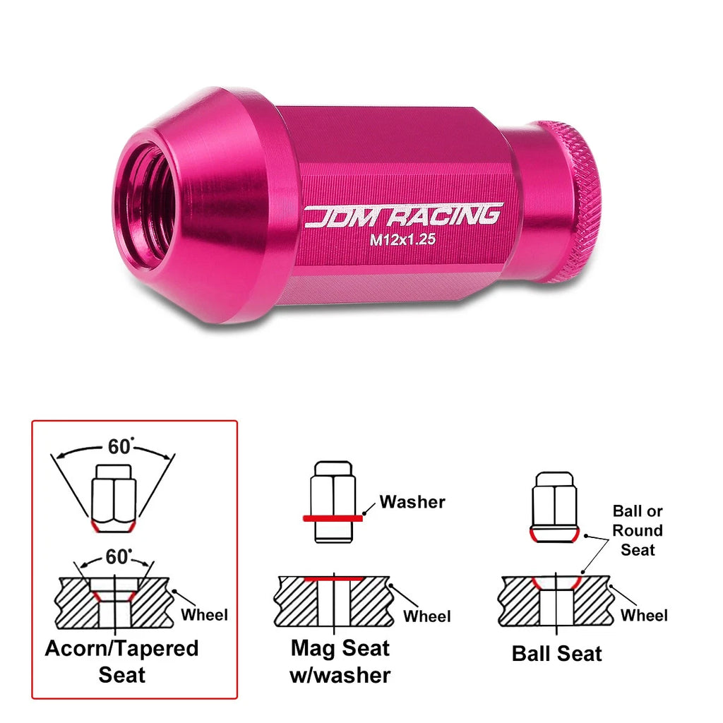 Set of 20 M12X1.25 Pink JDM Open-End Acorn Hex Wheel Lug Nuts + Extension 25mm