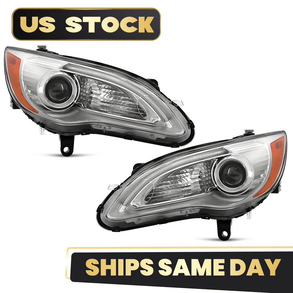 Halogen Headlight Set for Chrysler 200 (2011–2014) w/LED DRL Chrome Bezel