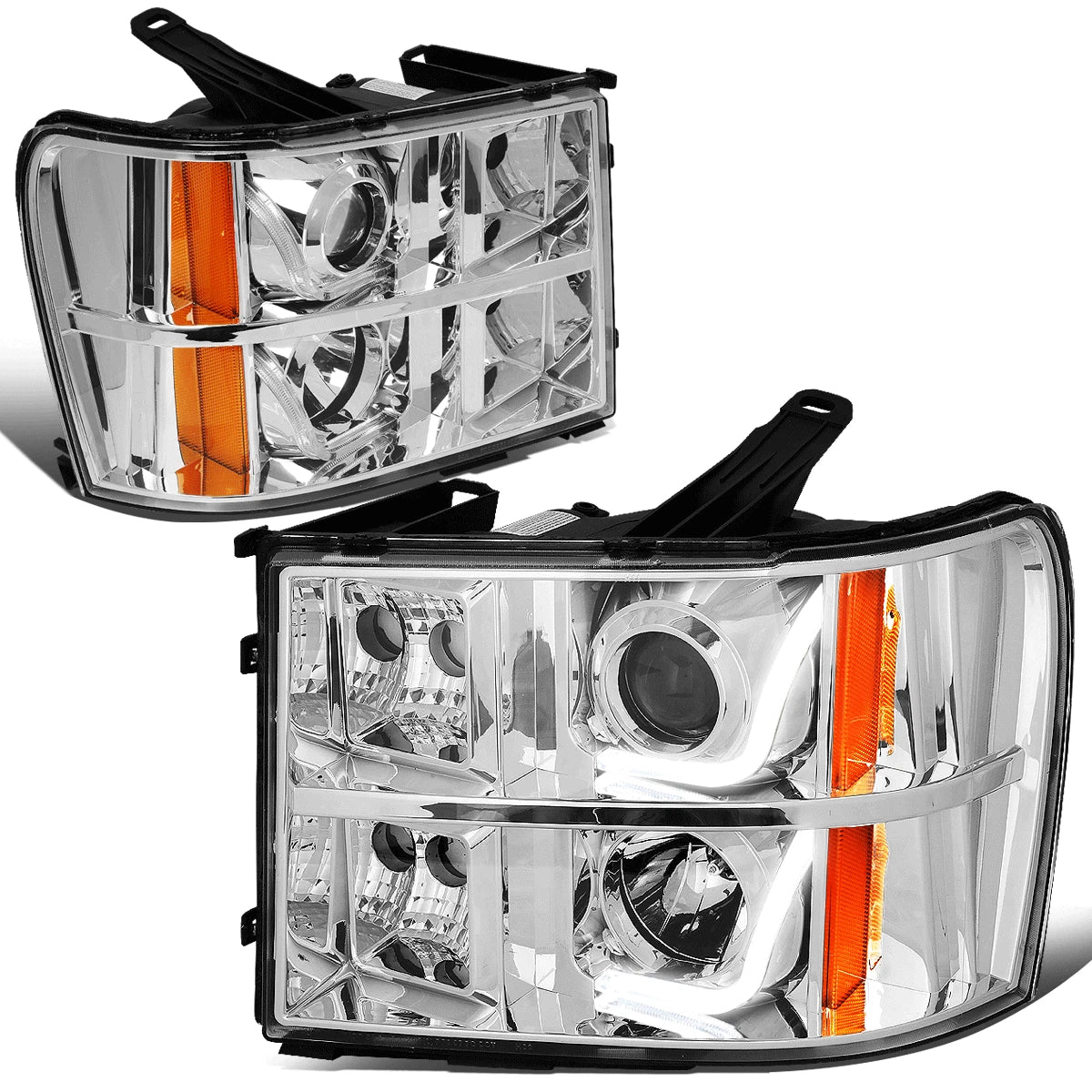 Chrome Amber Signal 3D LED Bar Projector Headlights for GMC Sierra (2007–2014)